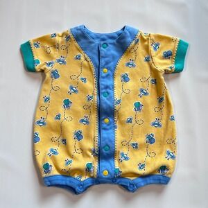 Vintage 90s Gymboree Newborn Yellow Blue Bee Print Short Sleeve Cotton Romper